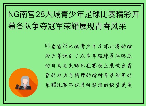 NG南宫28大城青少年足球比赛精彩开幕各队争夺冠军荣耀展现青春风采
