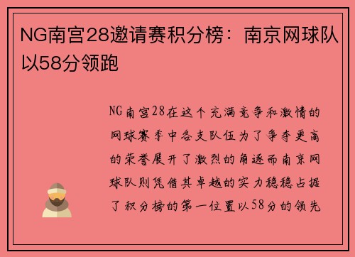 NG南宫28邀请赛积分榜：南京网球队以58分领跑