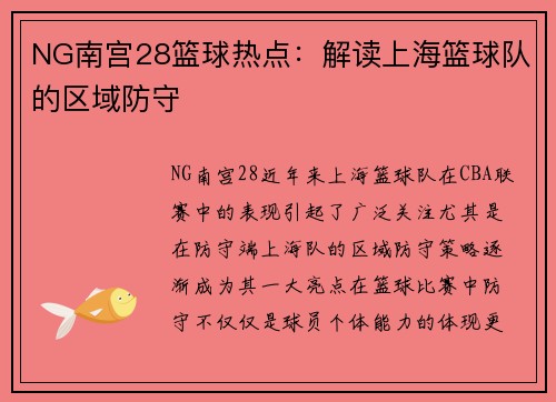 NG南宫28篮球热点：解读上海篮球队的区域防守